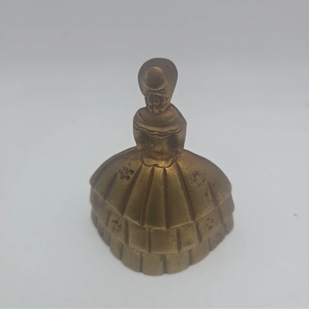 Vintage Brass Lady Bell Crinoline Dress Figural Table Bell Made in India 3